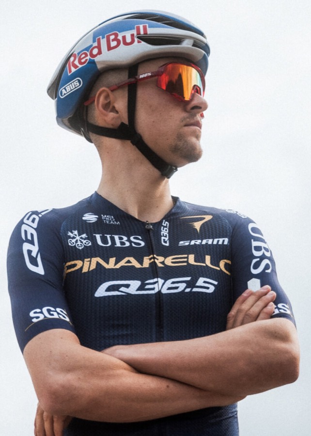 Pinarello Q36.5 Pro Cycling Team rider in the 2026 team jersey